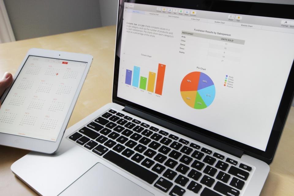 Laptop con gráficas y una tabla de datos junto a una tableta sobre un escritorio